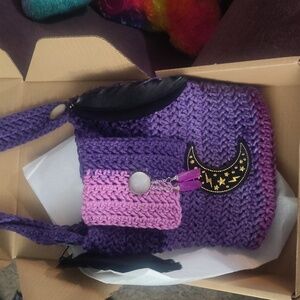 Handmade Purple Crochet Shoulder Bag with Feather Accents